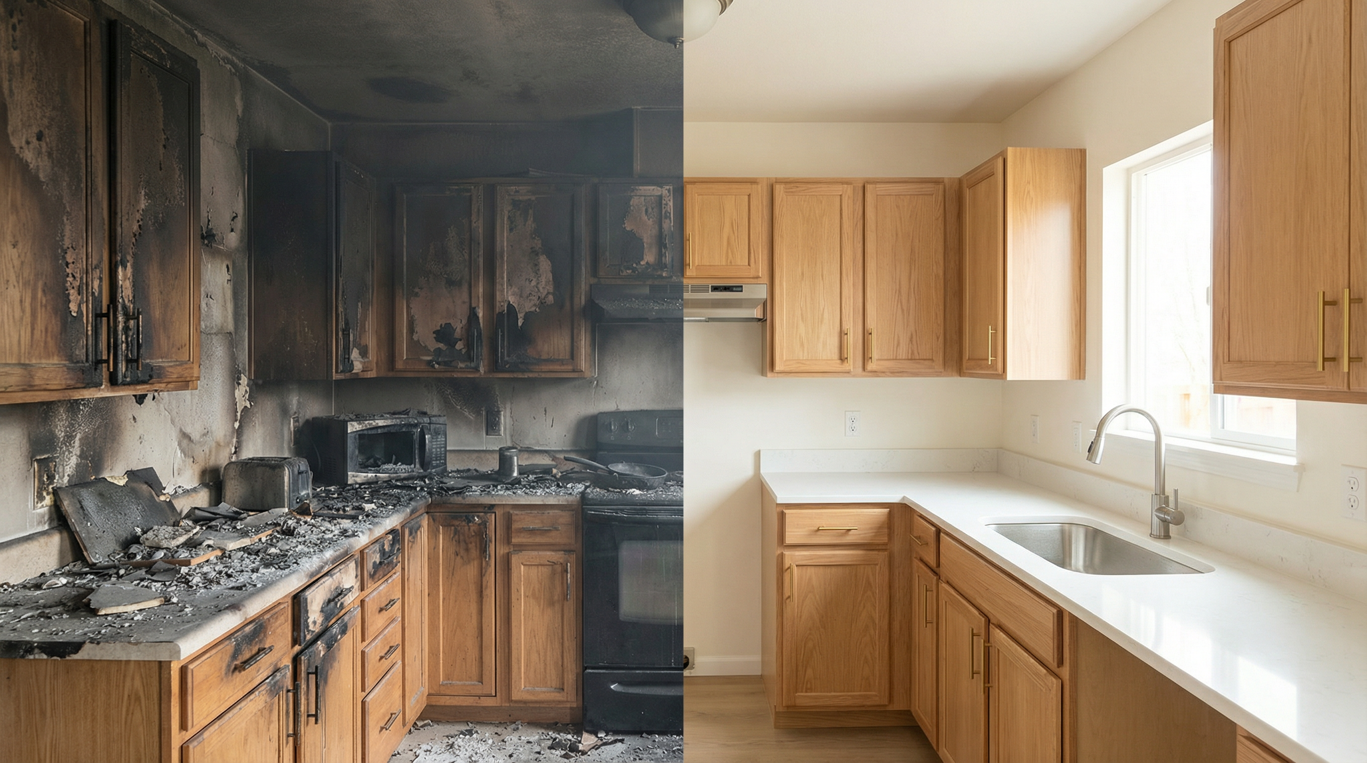 Before and after fire damage restoration showing a kitchen transformed from charred destruction to a fully restored space