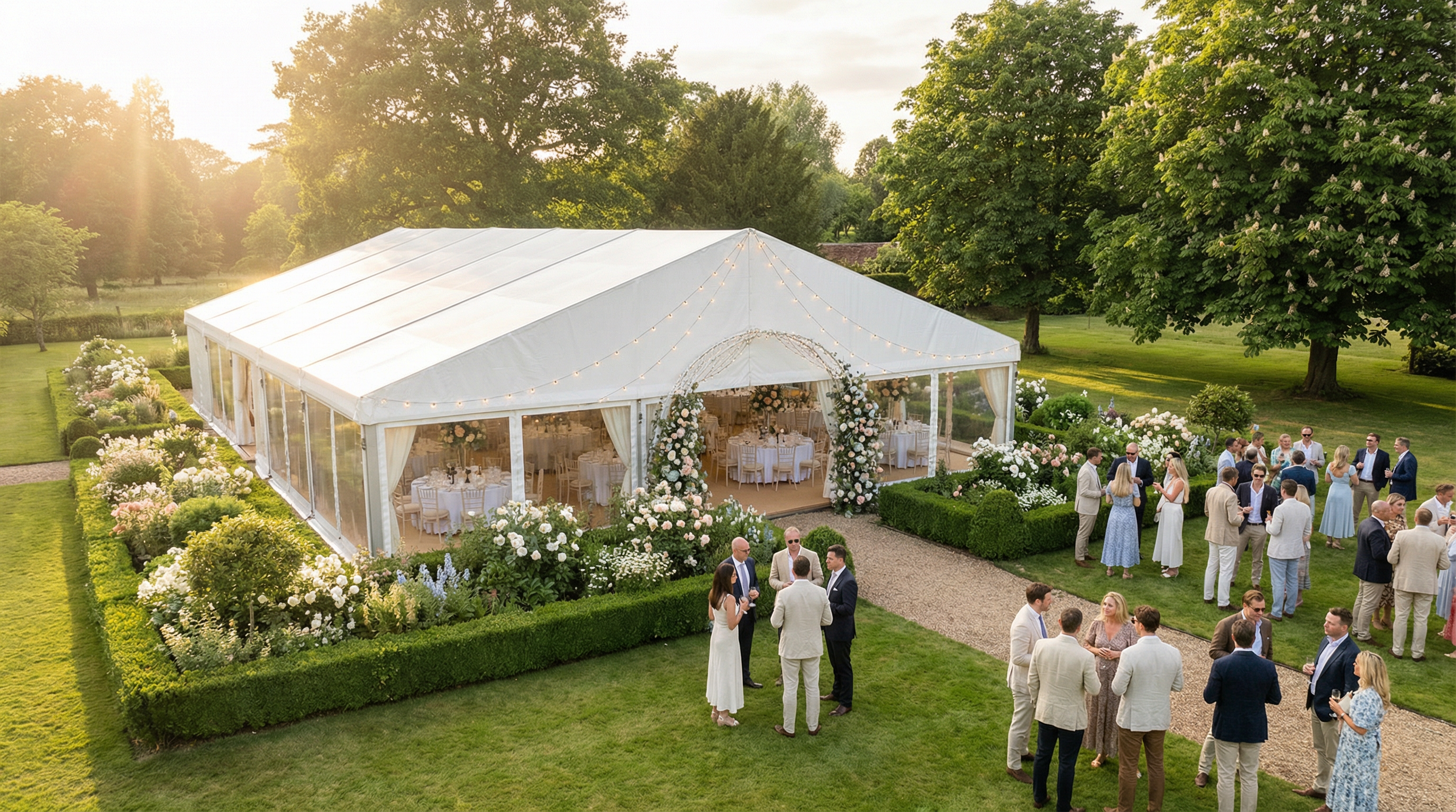 Elegant white marquee set up in a lush English garden at golden hour with guests mingling