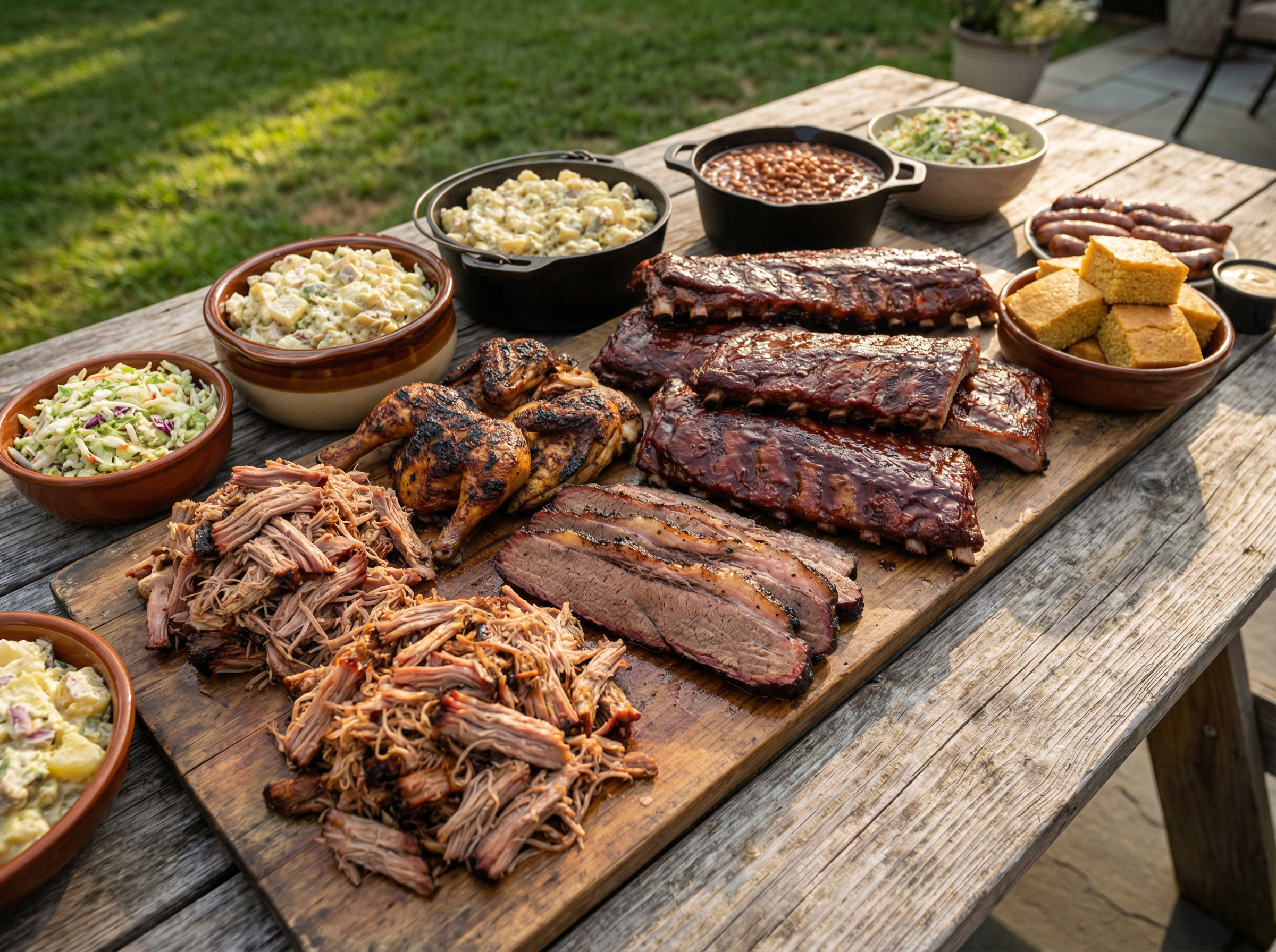 Full BBQ spread with pulled pork, beef brisket, ribs, chicken, coleslaw, baked beans and cornbread