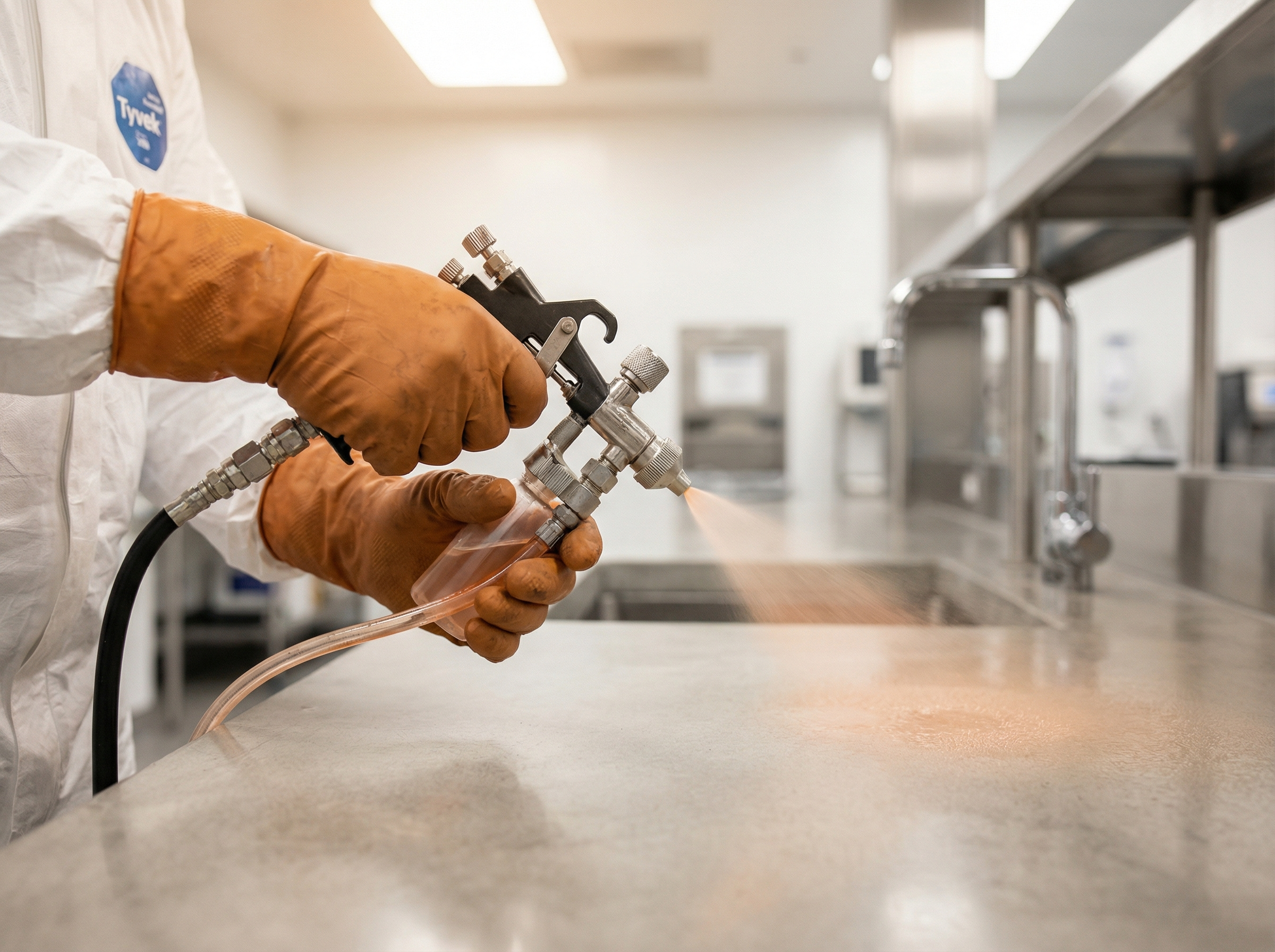 Professional biohazard technician performing decontamination work