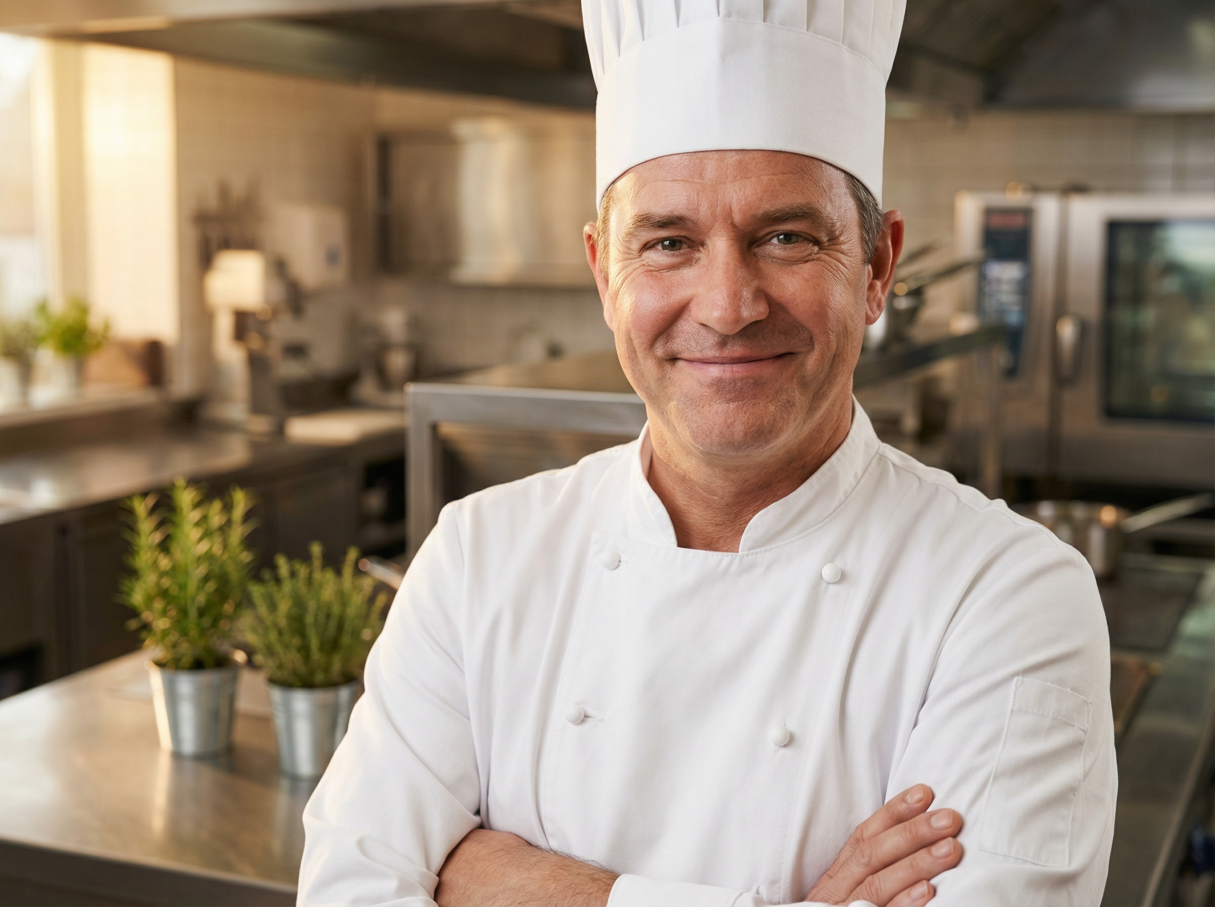 Chef Brian Johnson in his professional kitchen, arms crossed with a confident smile