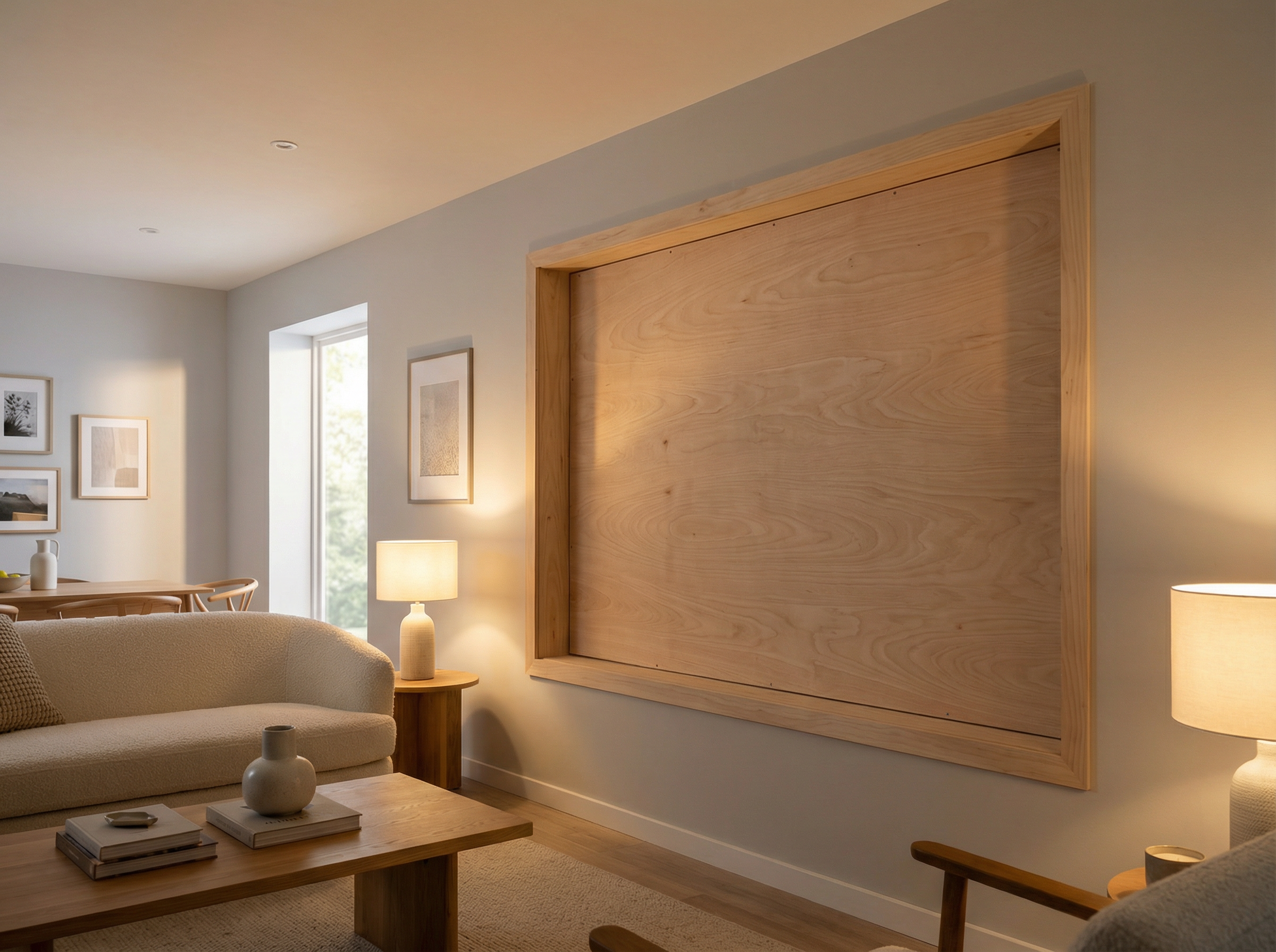 Professional interior board-up of a large window in a residential living room