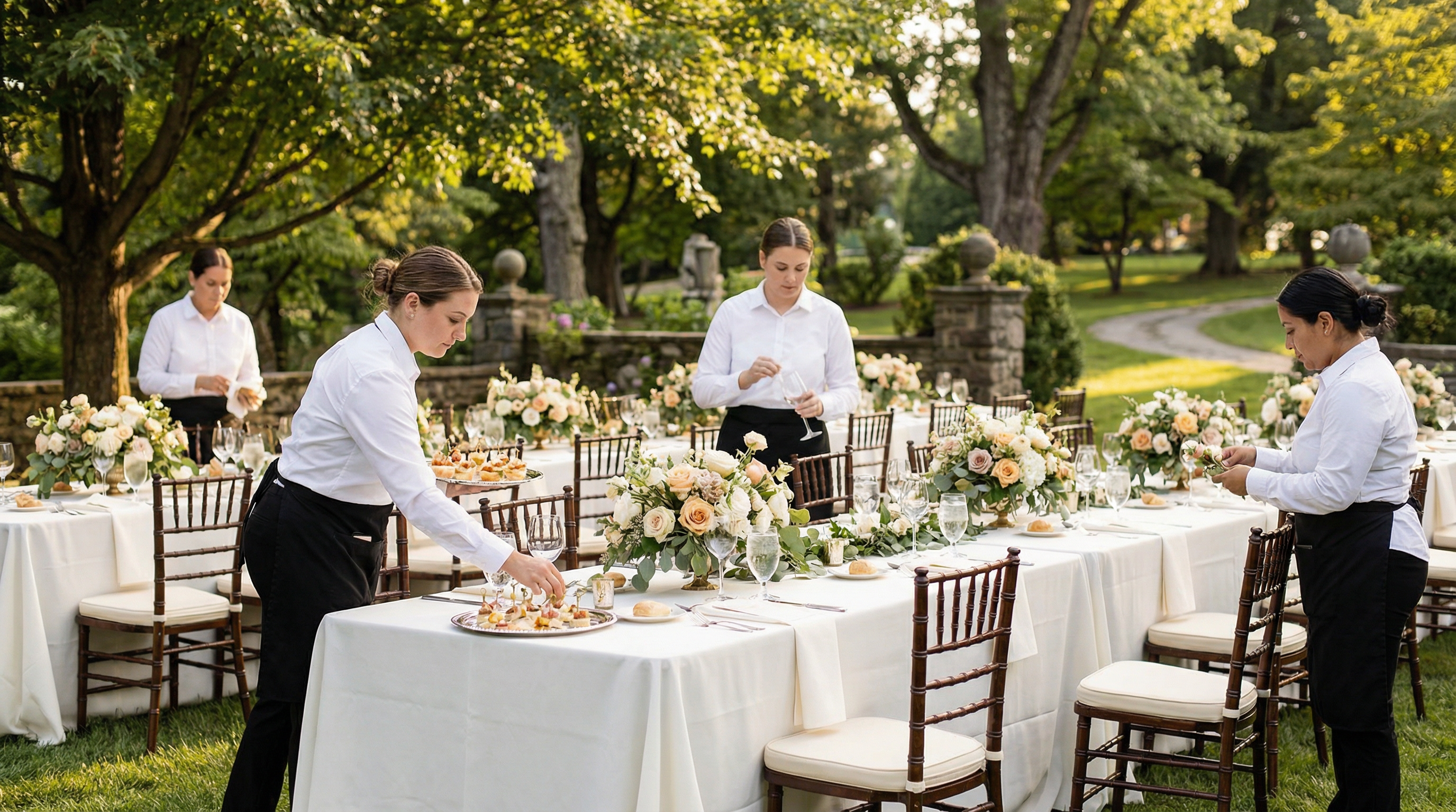 Professional catering staff setting elegant outdoor tables with floral centerpieces in a lush Pennsylvania garden