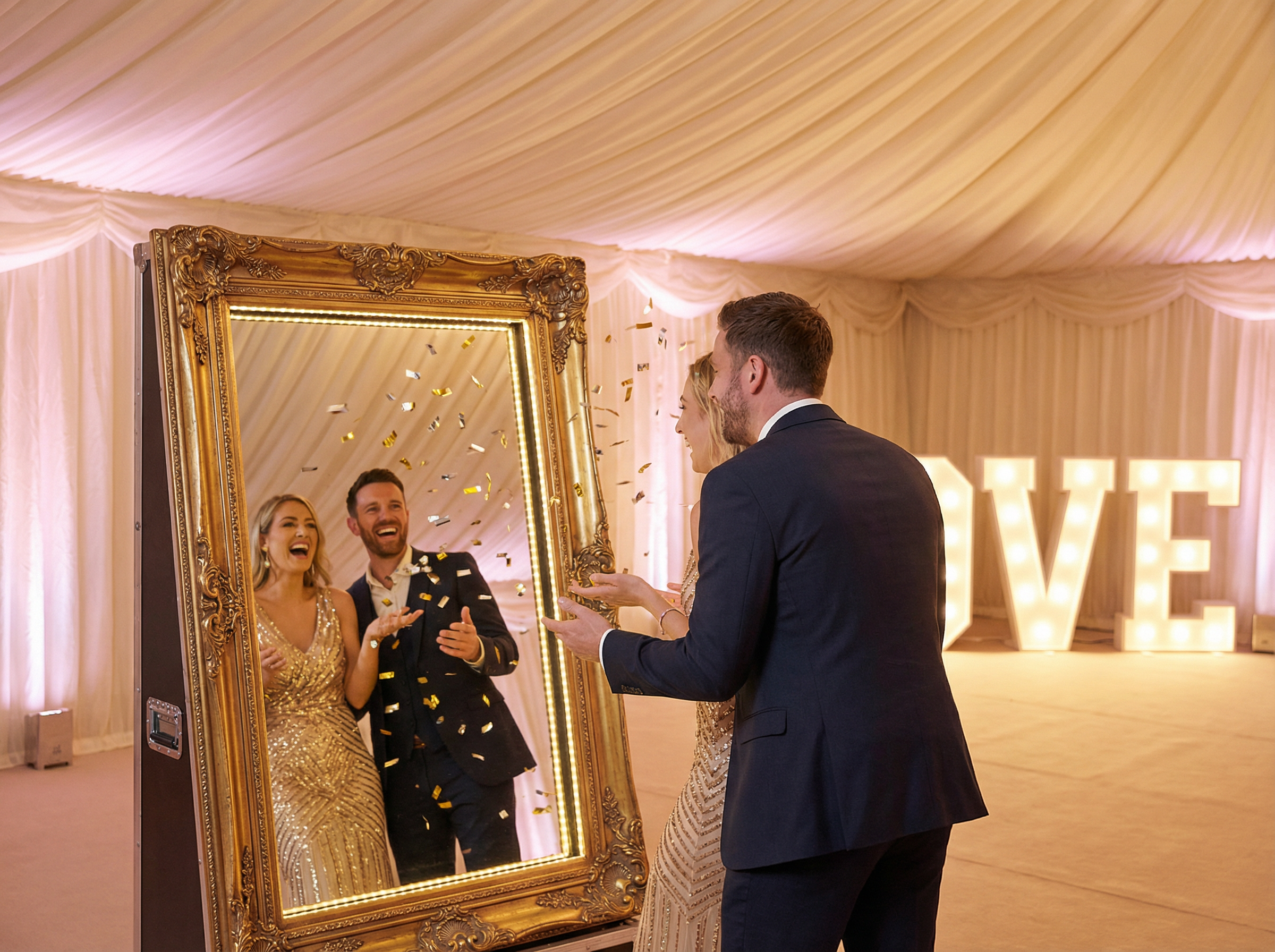 Couple laughing at a gold-framed magic mirror photo booth with LOVE letters glowing in the background