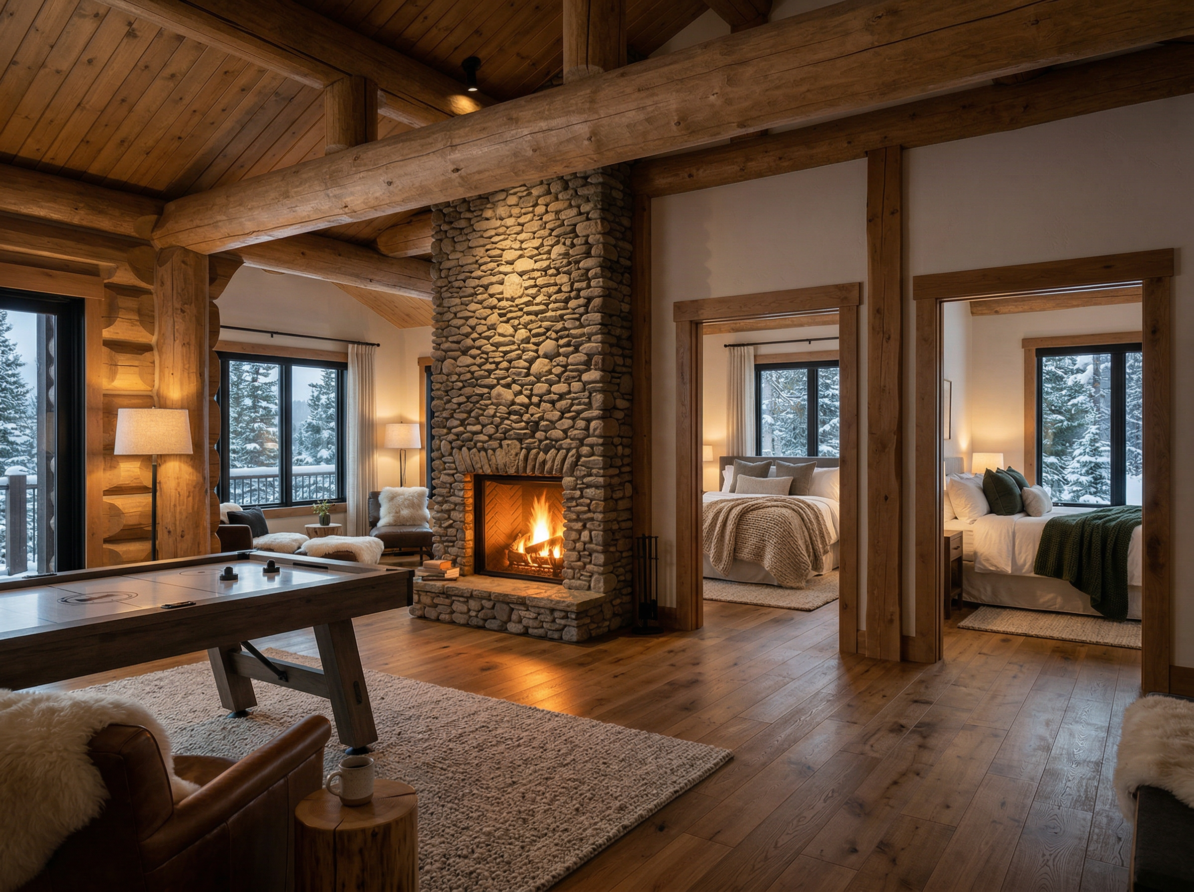 The Grand Suite — open plan log cabin living area with stone fireplace